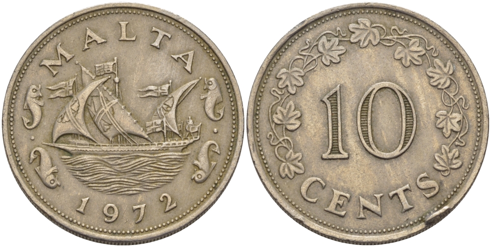 Мальта 10 центов 1972 баржа Великого магистра KM 11 медно-никель 82-535