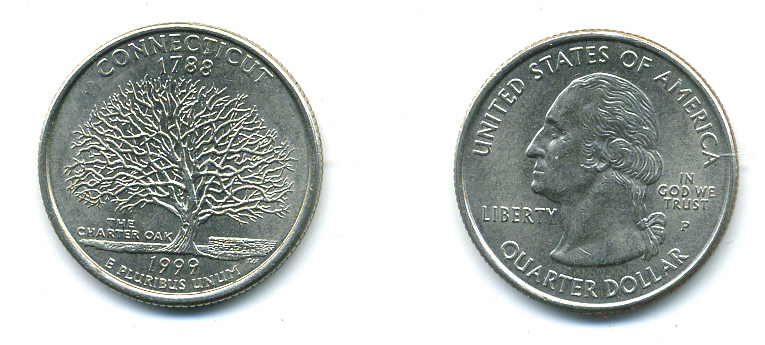 США 25 центов = квотер 1999 Р, серия штаты США, Коннектикут KM 297 медь плакированная медно-никелем 4388-821