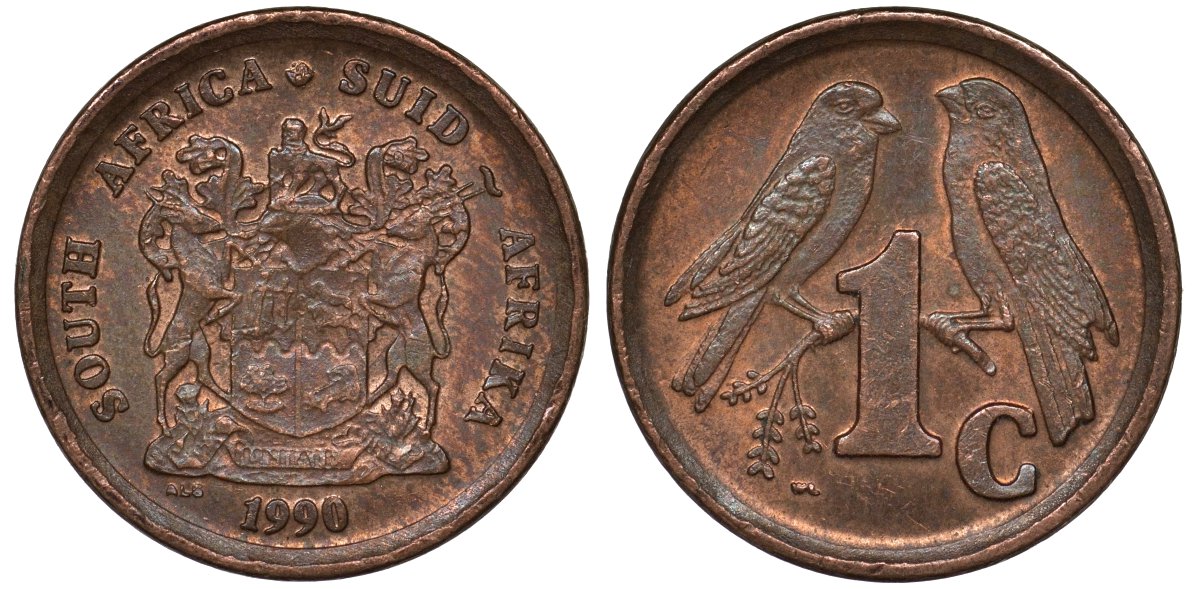 ЮАР 1 цент 1990 воробьи KM 132 сталь плакированная медью 4124-566
