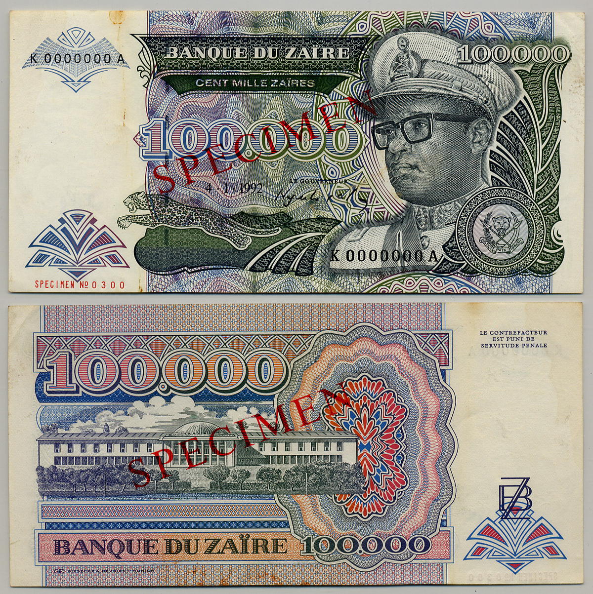 Заир 100000 заиров 1992 Мобуту Сесе Секо в военной форме, Национальное собрание. Образец, Specimen Pick 41s бумага 6279-25-3-1