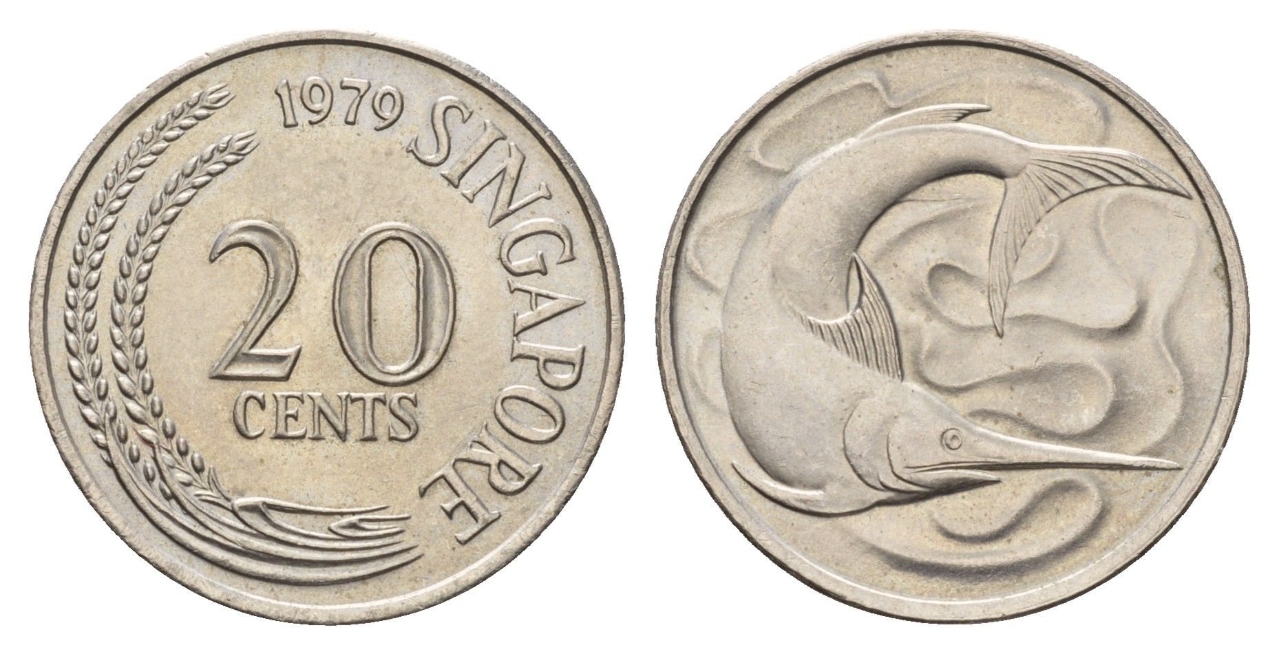 Сингапур 20 центов 1979 голубой марлин, тунец KM 4 медно-никель UNC 4401-327