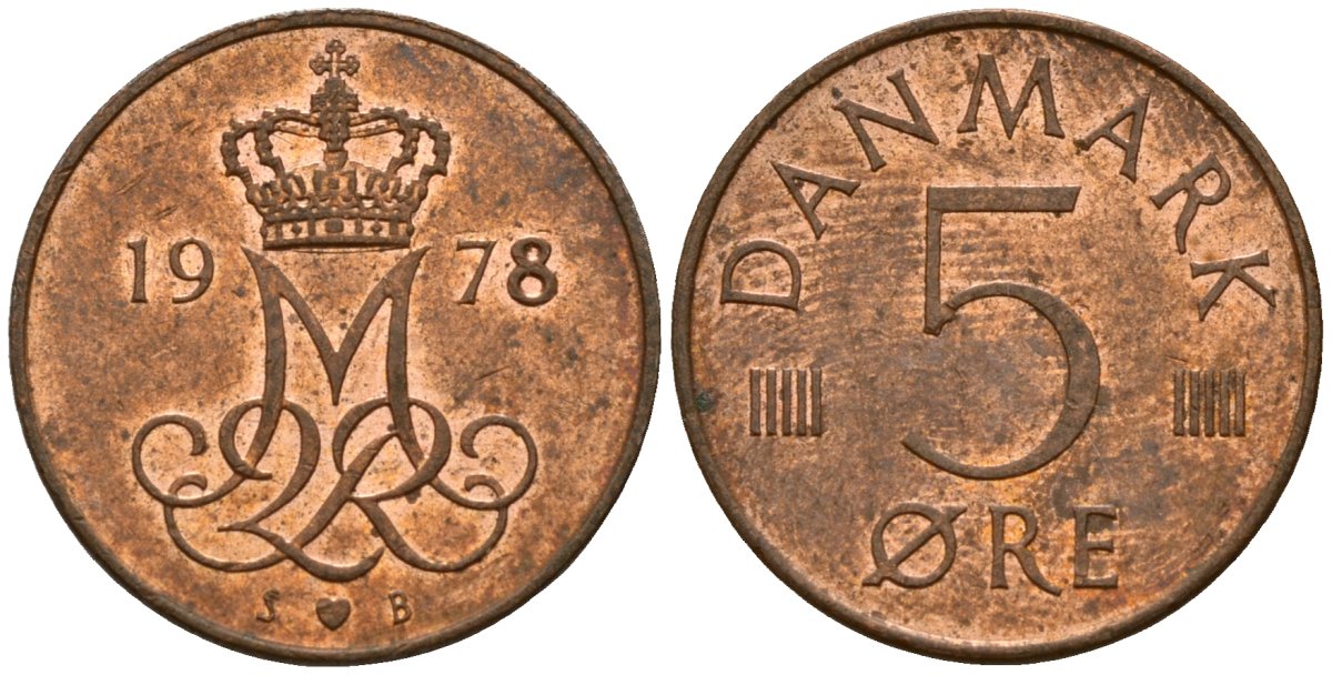 Дания 5 эре 1978 С; S, Фредерик IX (1947-1972) KM 859 железо плакированное медью 4154-1165