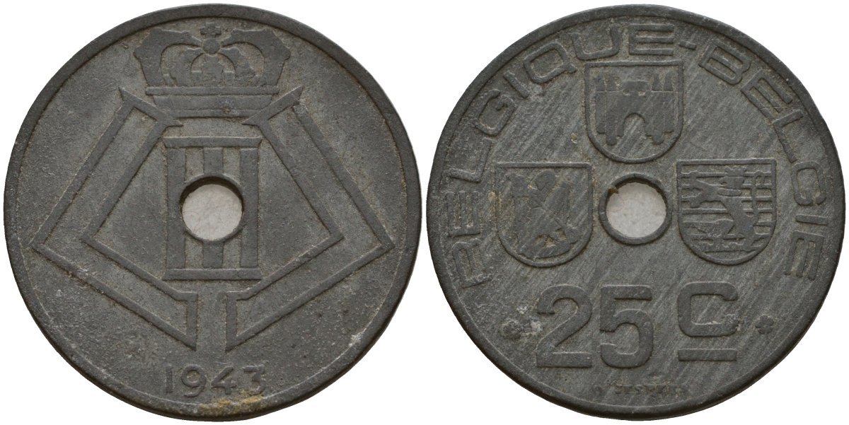 Бельгия 25 сантимов 1943 Belgique - Belgie, Леопольд III (1934-1947), германская оккупация, Вторая мировая война KM 131 цинк 4157-511