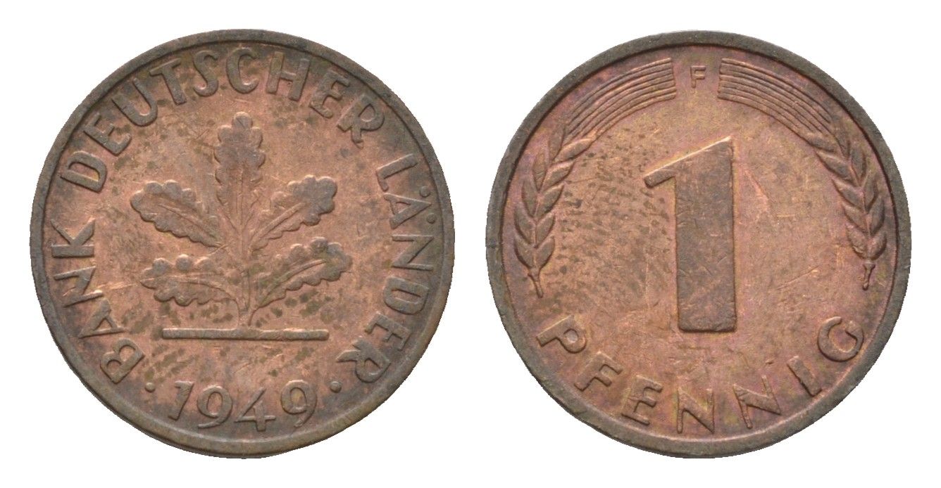 ФРГ 1 пфенниг 1949 F KM A101, J. 376 сталь плакированная медью 4685-344