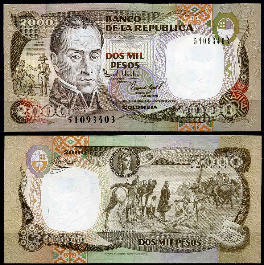 Колумбия 2000 песо 1994 Banco de la Republica, портрет Симона Боливара, перевал у Парамо-де-Писба Pick 439 b бумага UNC (пресс) 447-23-1