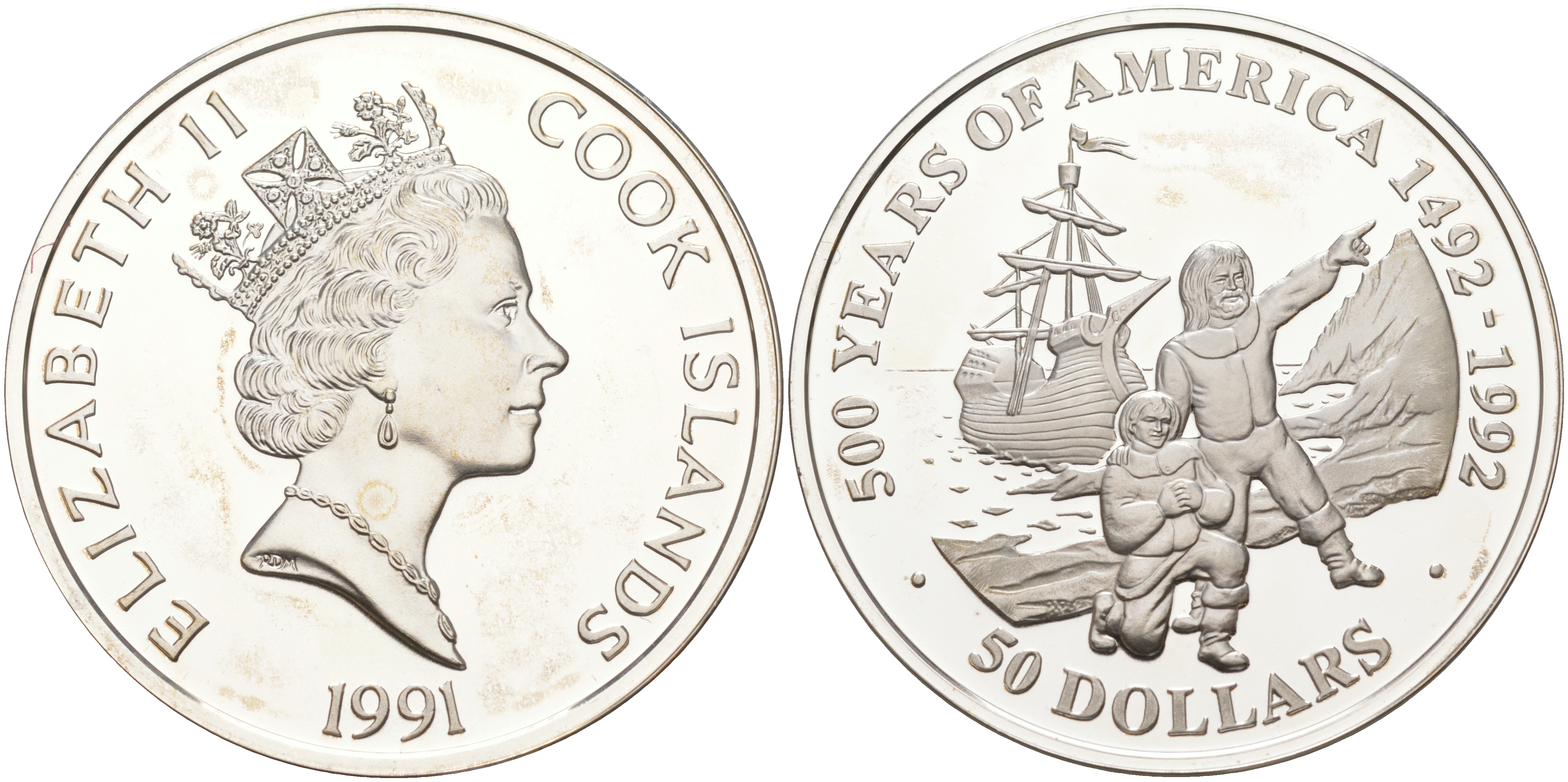 ОСТРОВА КУКА 50 ДОЛЛАРОВ 1991 500 ЛЕТ ОТКРЫТИЮ АМЕРИКИ, МЭЙФЛАУЭР И ПИЛИГРИМЫ, ВЕС 31,1035 ГР. KM 140 серебро PROOF 1074-7-34