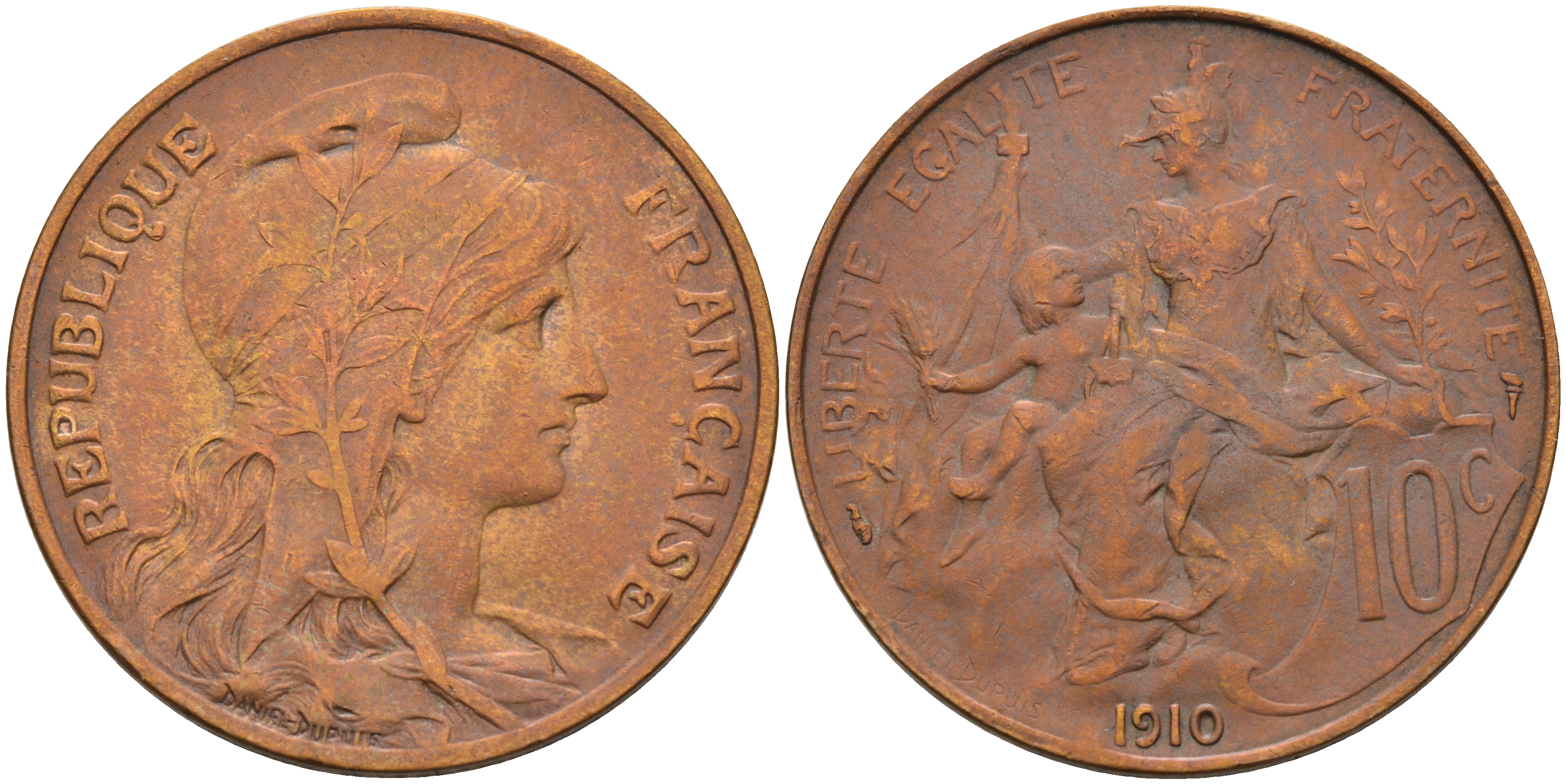 Франция 10 сантимов 1910 тип Дюпюи KM 843 бронза 4117-312