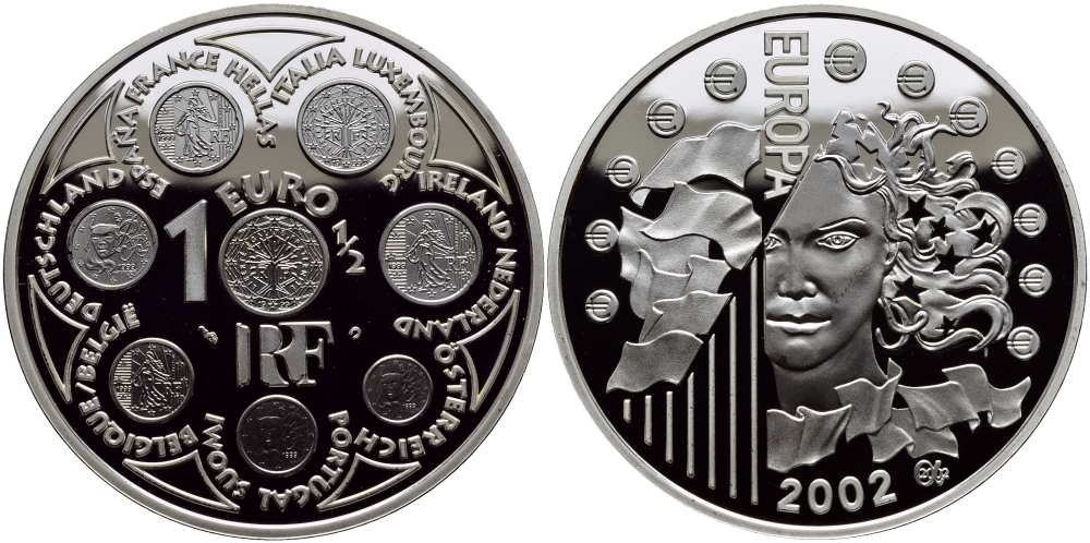 Франция 1 1/2 евро 2002 введение евро KM 1301 серебро PROOF 1068-10-53
