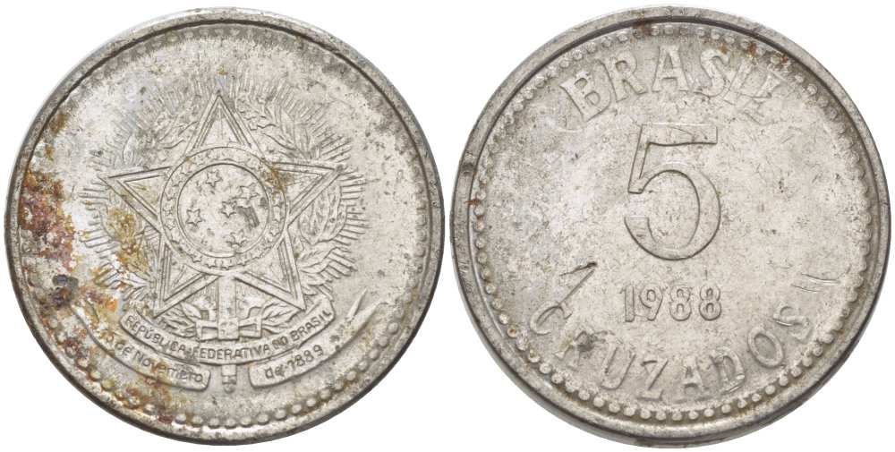 Бразилия 5 крузадо 1988 реформа 1986-1989 KM 606 нержавеющая сталь 175-143