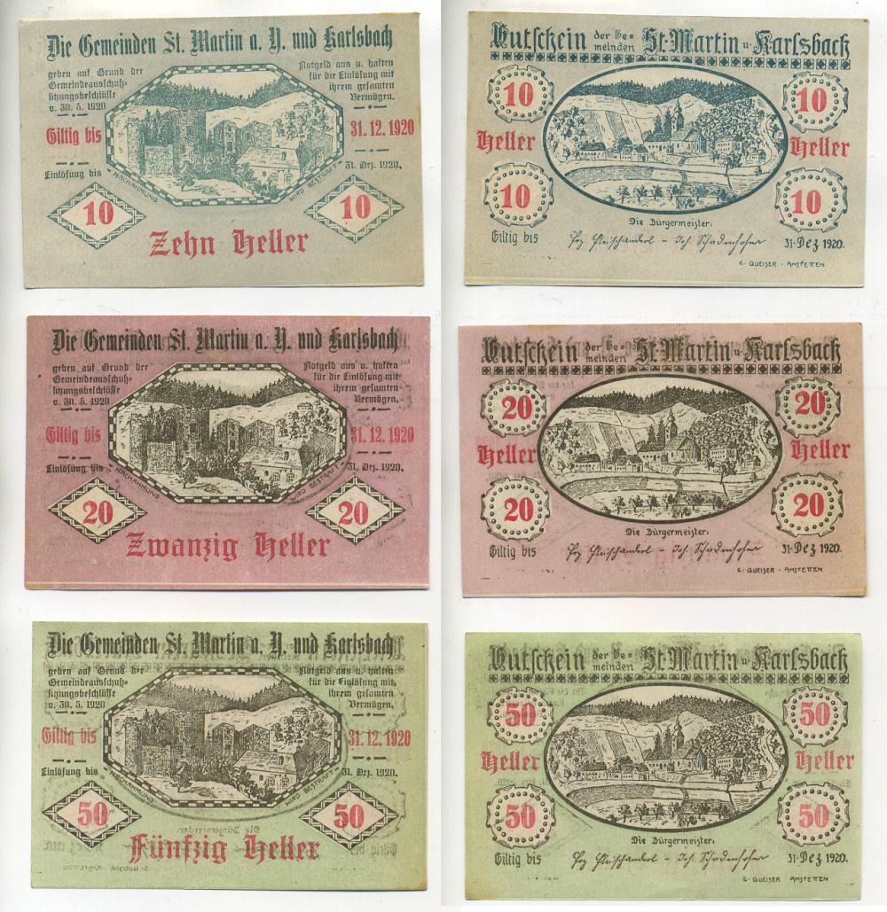Австрия набор из 3 банкнот 1920 30 мая 1920- 31 декабря 1920, нотгельд, 10, 20, 50 геллеров, ST. MARTIN UND KARLSACH   бумага  aUNC  7555-2-1-2