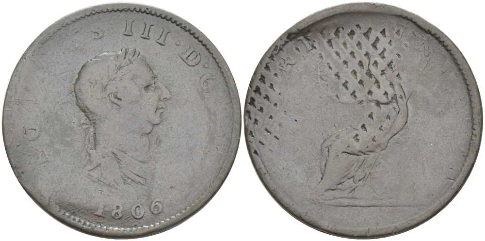 Великобритания 1/2 пенни 1806 Георг III (1760-1820) KM 662, Spink 3781 медь 32-214