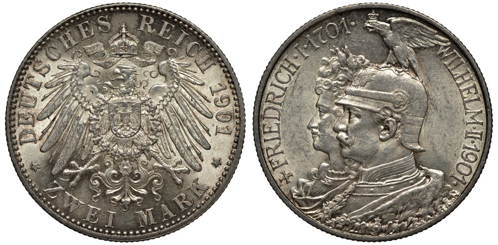 Пруссия 2 марки 1901 A, 200 лет Прусской королевской династии (Фридрих I - Вильгельм II) J.105, Weege 105, KM 525 серебро 413-6221