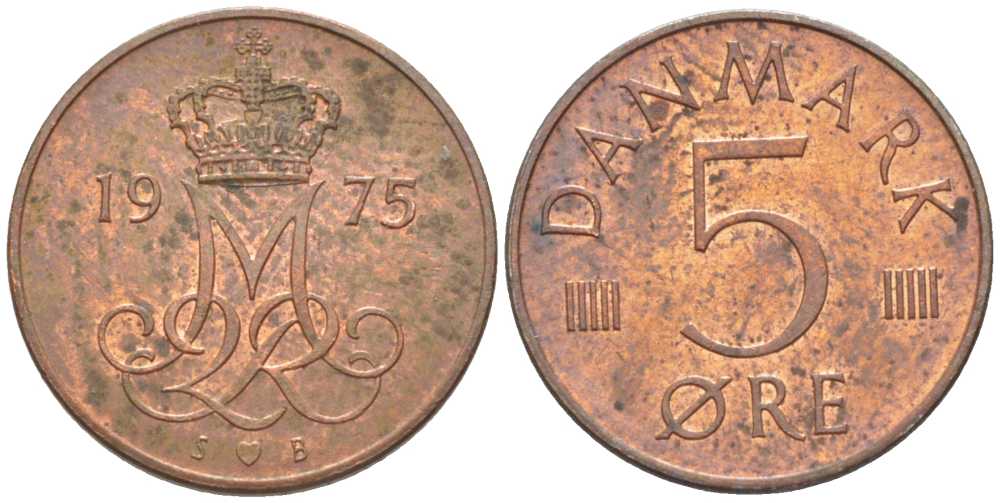 Дания 5 эре 1975 S; B, Маргрете II (1972- ) KM 859.1 железо плакированное медью 201-1163