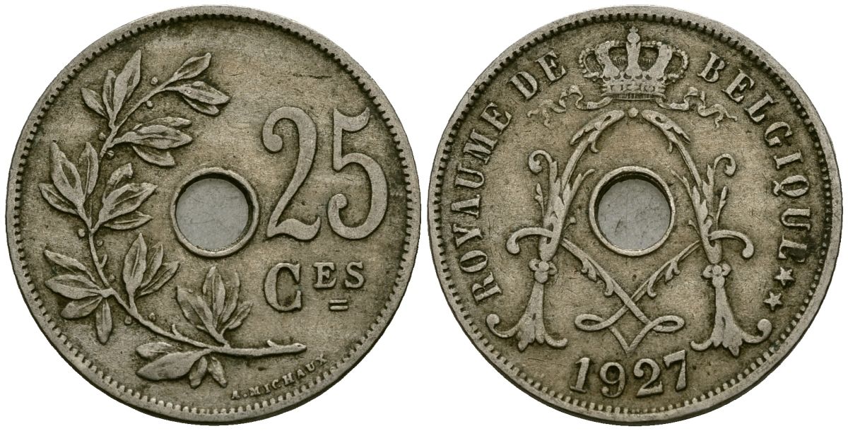 Бельгия 25 сантимов 1927 Belgique KM 68 медно-никель 4165-525