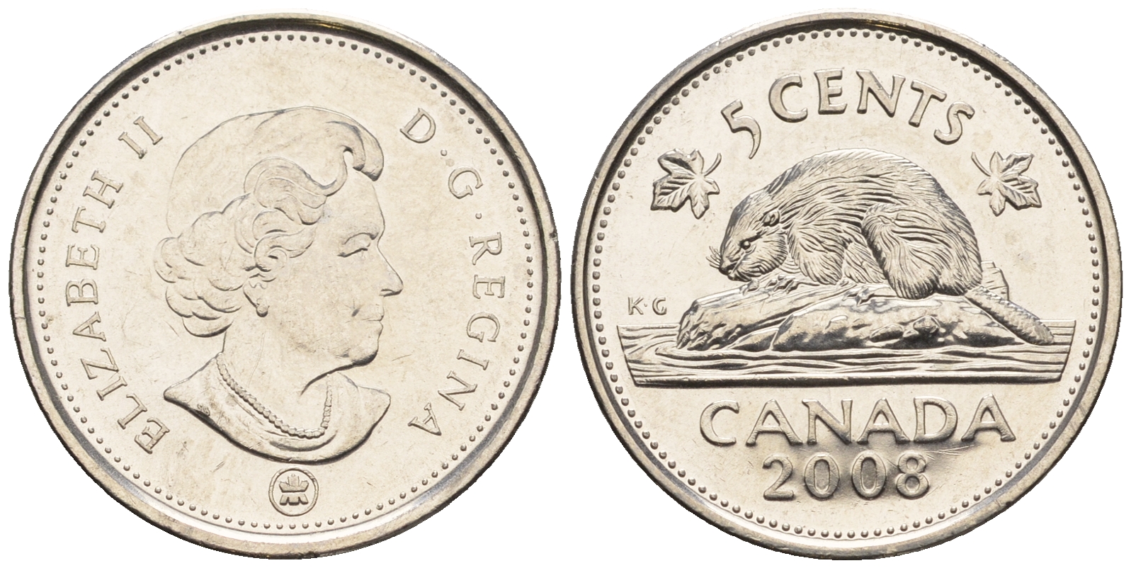 Канада 5 центов 2008 Елизавета II (1952-2022), бобер KM 491 сталь плакированная никелем 4609-451