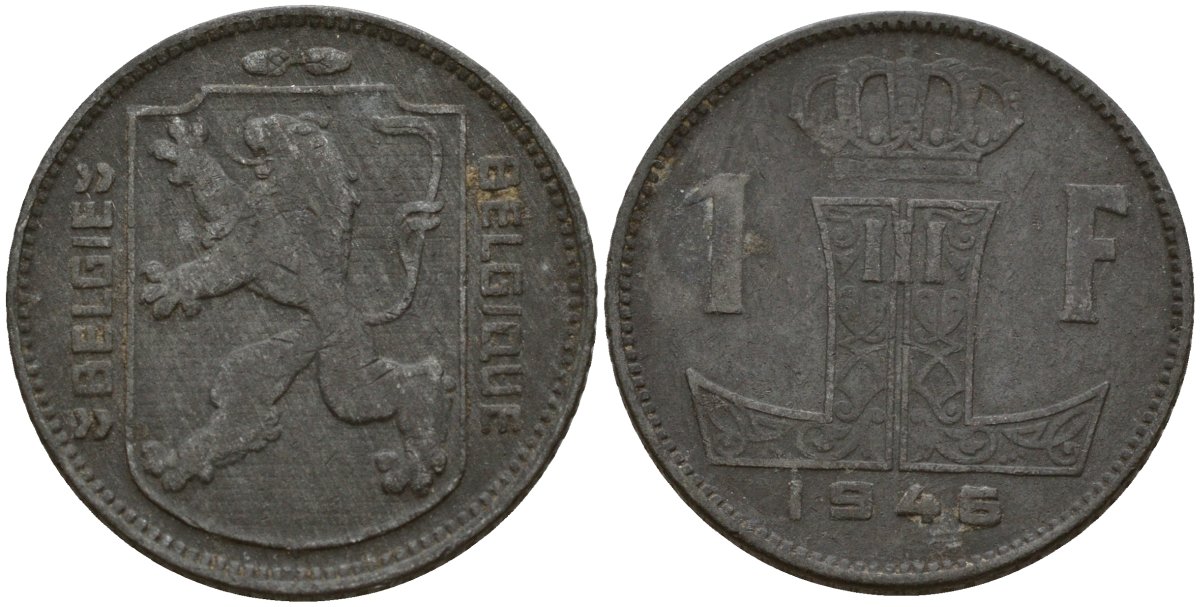 Бельгия 1 франк 1945 Belgie - Belgique, Леопольд III (1934-1947), германская оккупация, Вторая мировая война KM 128 цинк 4161-553