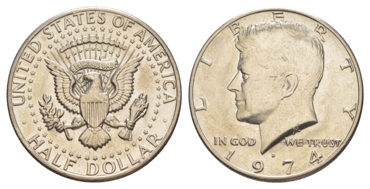 США 1/2 доллара (50 центов) 1974 D, Джон Кеннеди KM 202b медь плакированная медно-никелем aUNC 4123-131