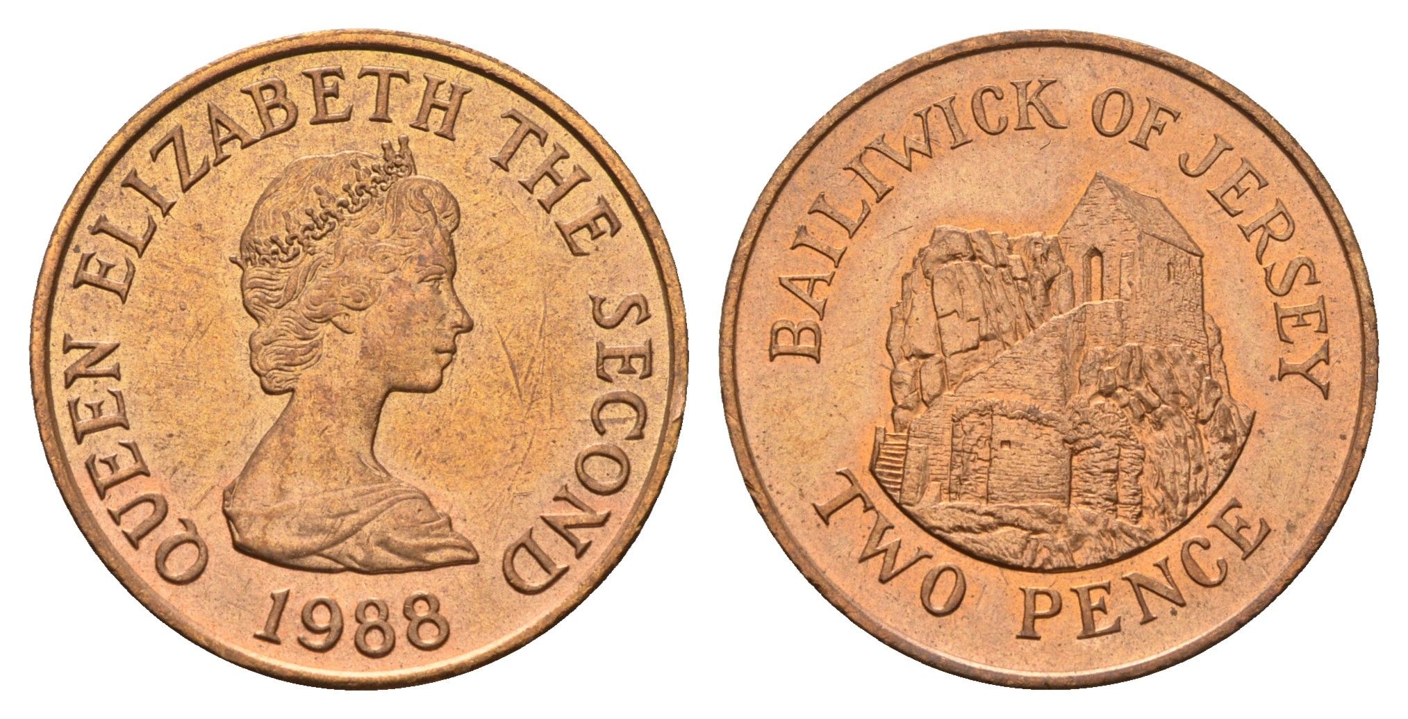 Джерси 2 пенса 1988 Елизавета II (1952-2022), Сент-Хелиер KM 55 бронза UNC 4118-336