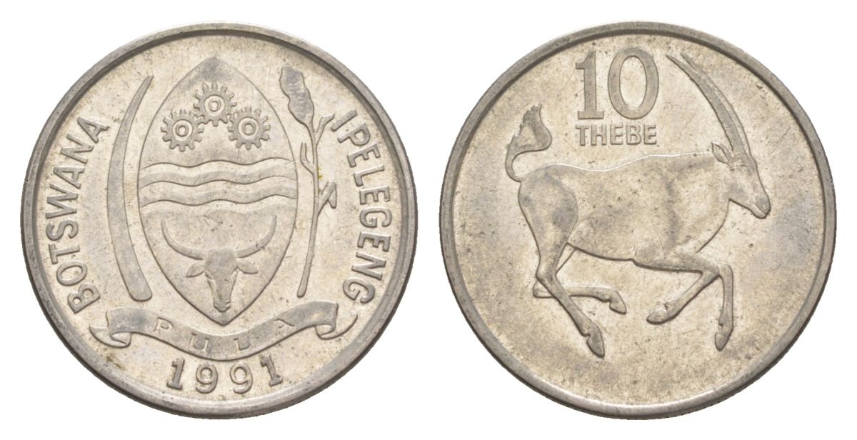 Ботсвана 10 тхебе 1991 антилопа оракс KM 5a сталь плакированная никелем aUNC 51-2155