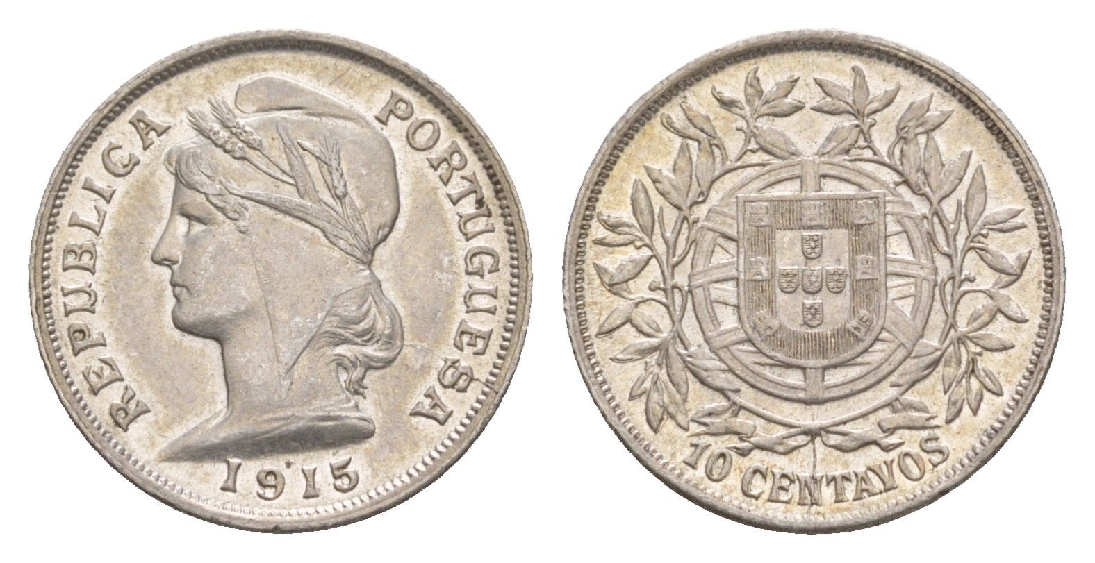 Португалия 10 сентаво 1915 год-тип KM 563 серебро 4658-1265