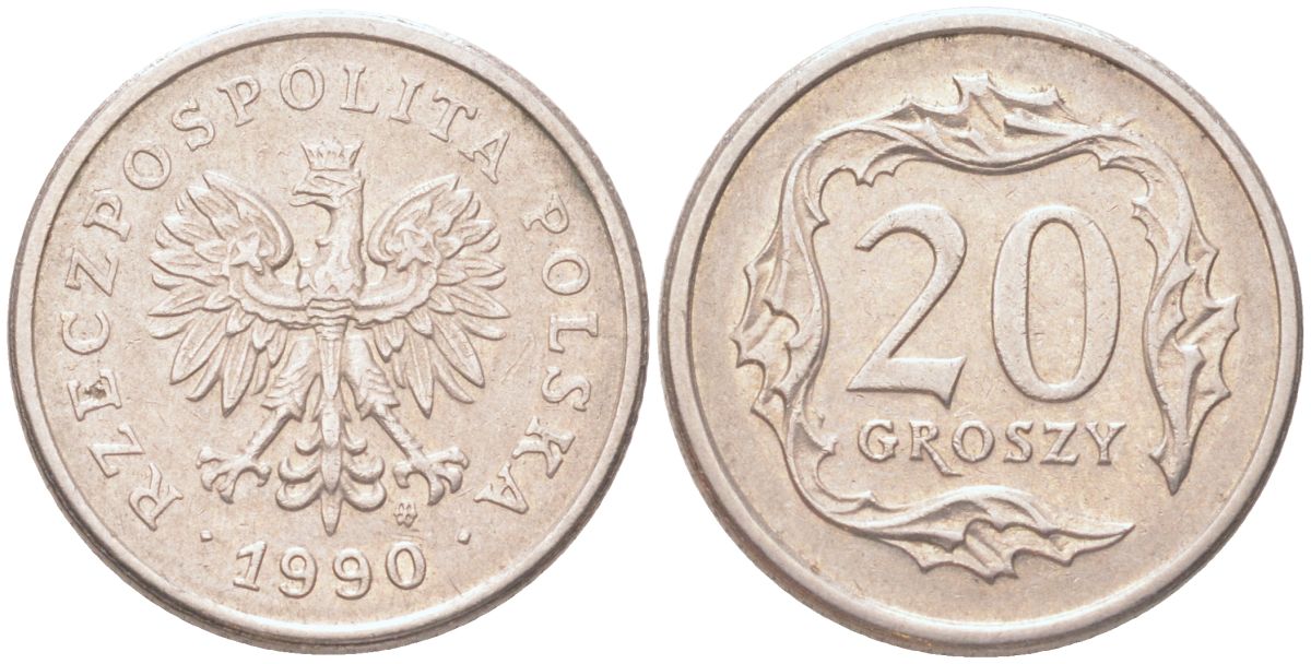 Польша 20 грошей 1990 Y 280 медно-никель UNC 4614-642
