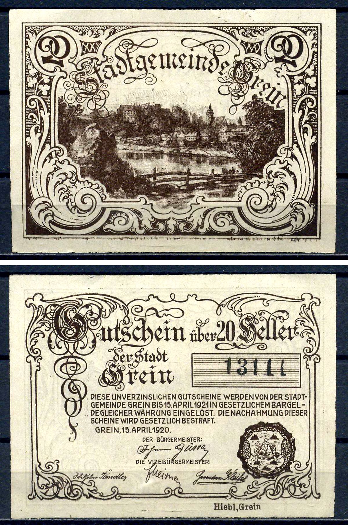 Грайн (Австрия) 20 геллеров 1920 бумага aUNC 7556-36-1-1