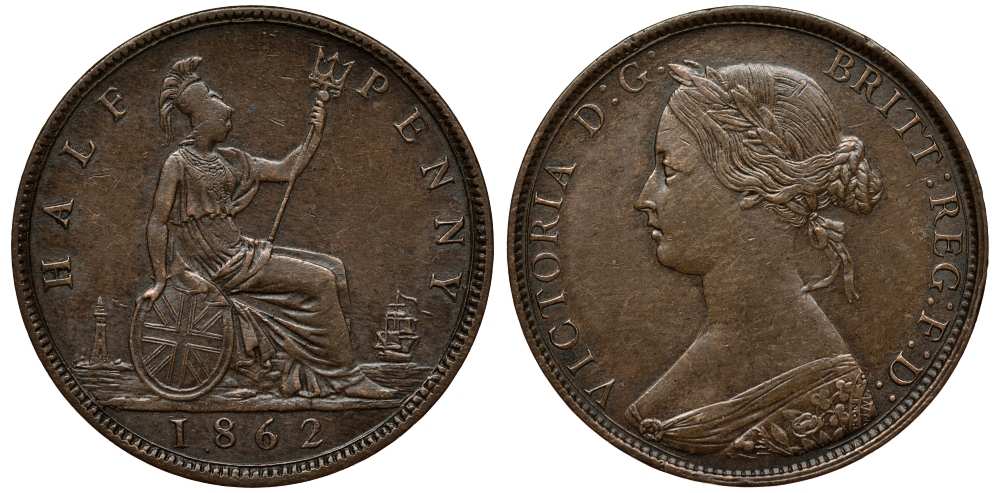 Великобритания 1/2 пенни 1862 Виктория (1837-1901) KM 748.2, Spink 3956 бронза  1518-132