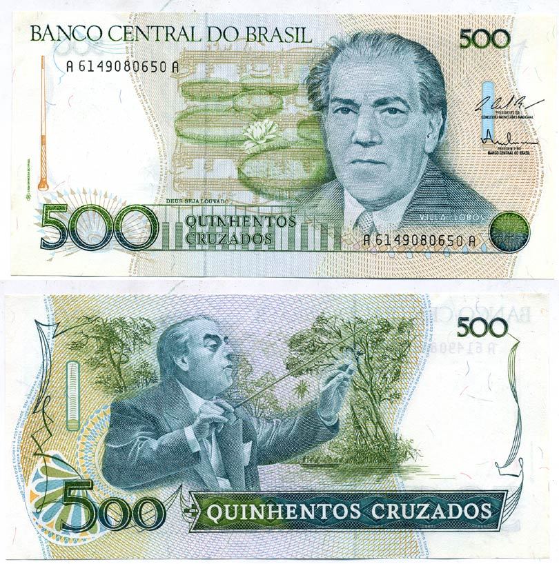 Бразилия 500 крузадо ND (1986-1988) серия A 6149, 100 лет со дня рождения Эйтор Вилла-Лобос Pick 212 c  бумага  аUNC  435-32-3-1