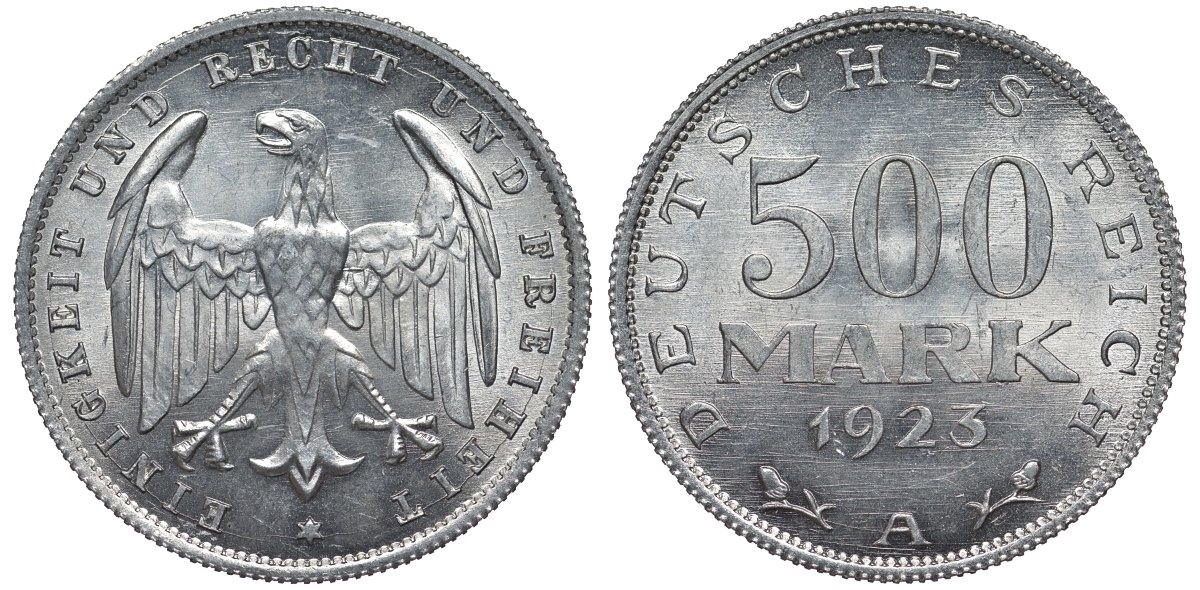 Германия 500 марок 1923 А KM 36, J.305 алюминий UNC 4587-516