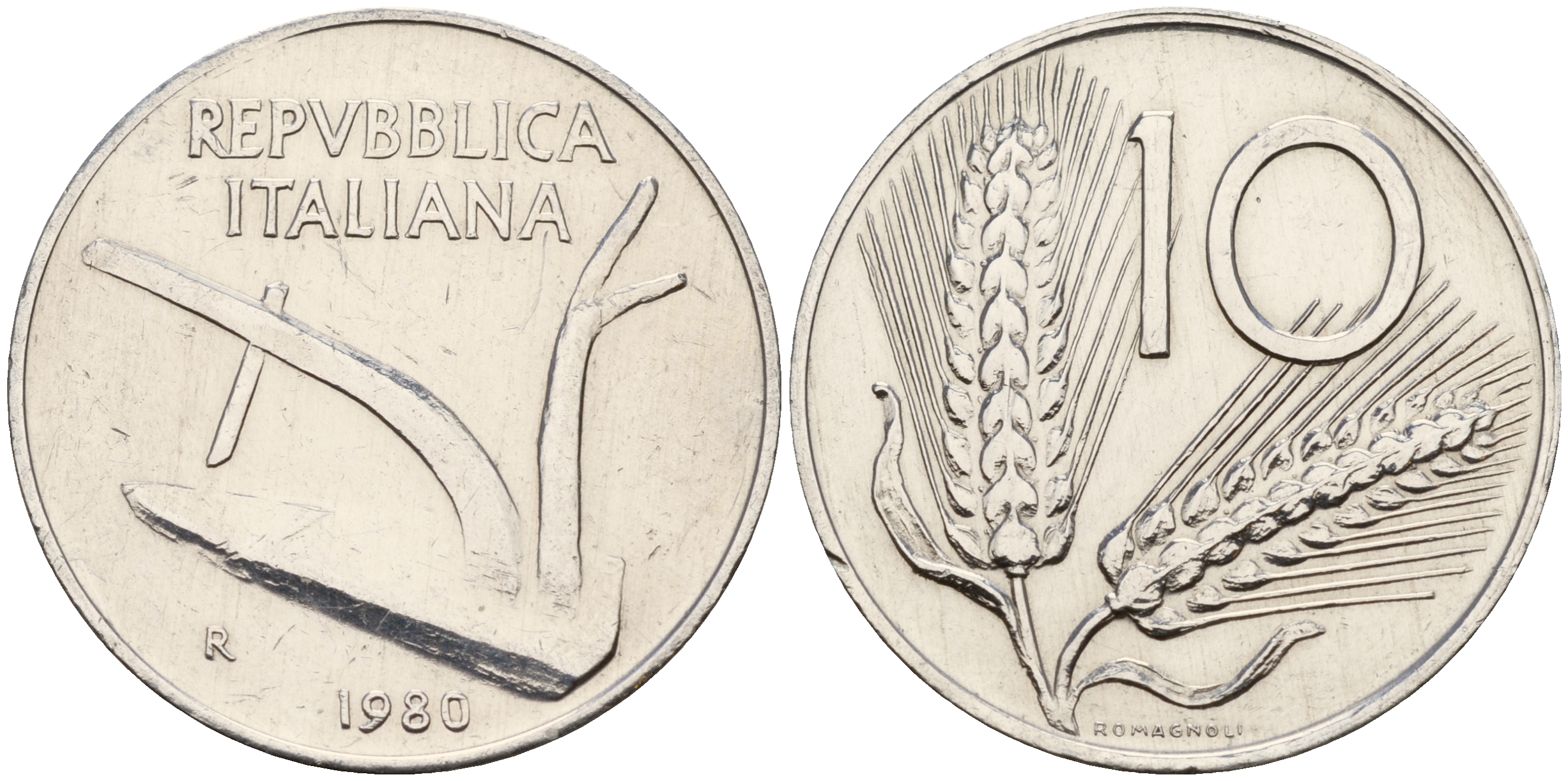 Италия 10 лир 1980 R, плуг KM 93 алюминий    4595-346