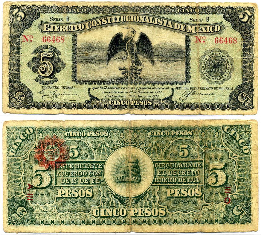 Мексика, Чиуауа 5 песо 1914 30 марта 1914, Ejercito Constitucionalista de Mexico, серия В Pick PS 524 бумага 8603-5-2-1