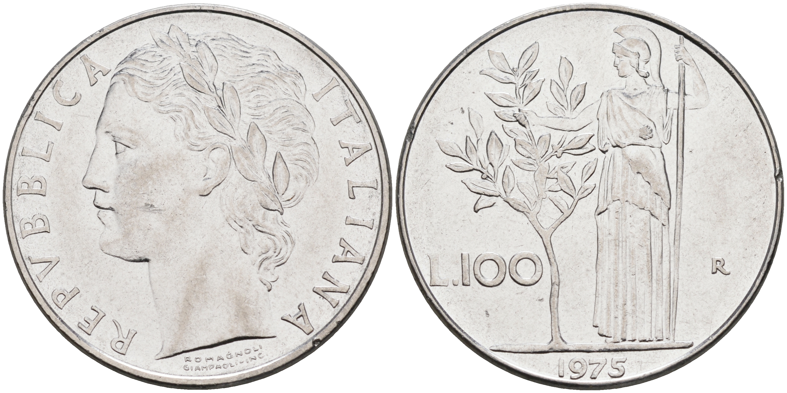 Италия 100 лир 1973 R, Афина KM 96.1 нержавеющая сталь 4117-331