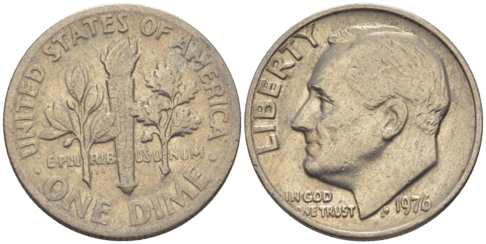 США 10 ЦЕНТОВ = 1 ДАЙМ 1976 РУЗВЕЛЬТ KM 195а медь плакированная медно-никелем 66-1119