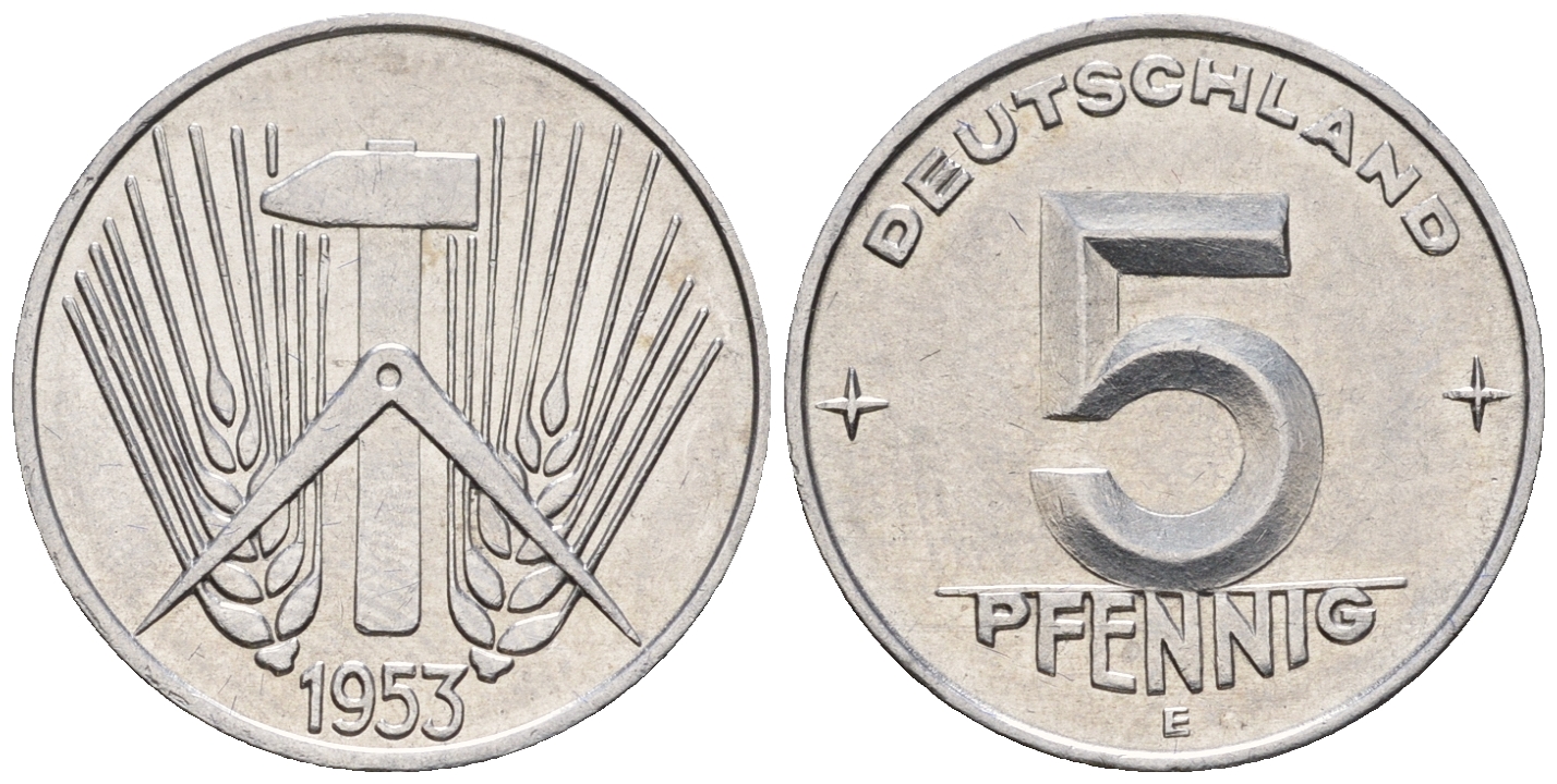 ГДР 5 пфеннигов 1953 E KM 6 алюминий UNC 219-112