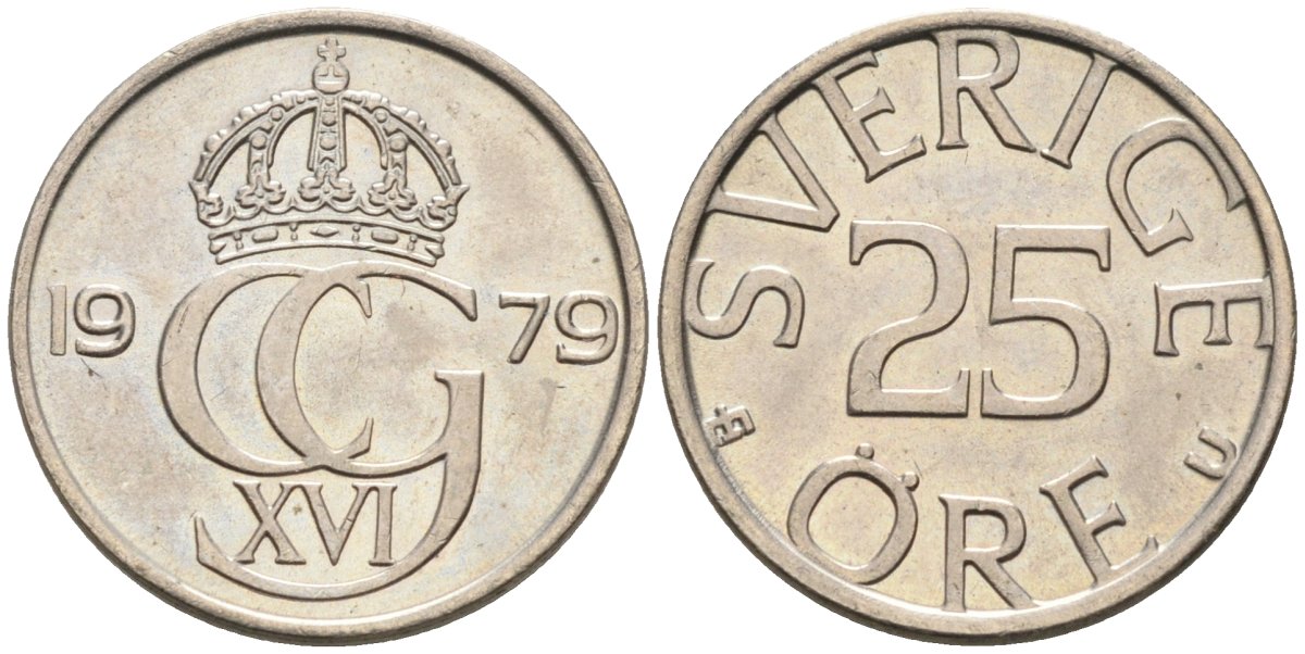 Швеция 25 эре 1979 Карл XVI Густав (1973- ) KM 851 медно-никель UNC 4585-523