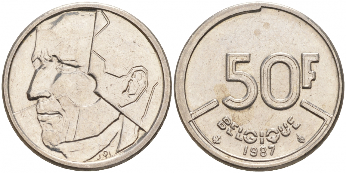 БЕЛЬГИЯ 50 ФРАНКОВ 1987 BELGIQUE, БОДУЭН I (1951-1993) KM 168 никель 68-247