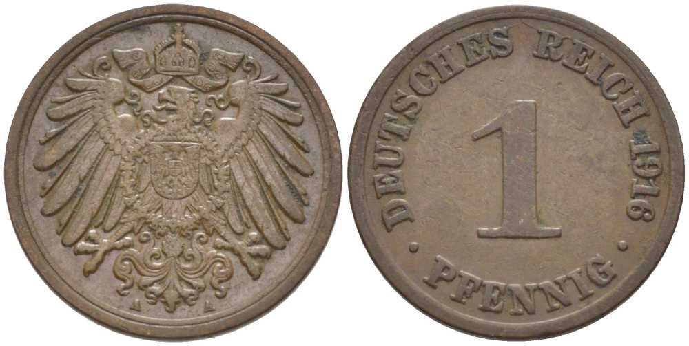 ГЕРМАНИЯ 1 ПФЕННИГ 1916 A KM 10, J. 10, Weege 2 медь 206-454