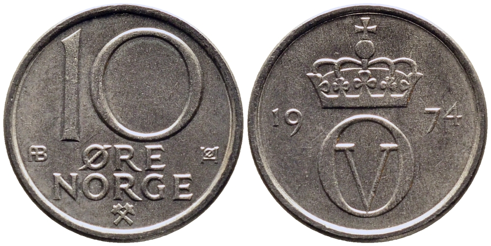 Норвегия 10 эре 1974 Улаф V (1958-1991) KM 416 медно-никель 4387-823