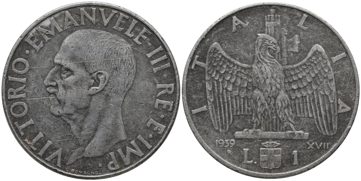 Италия 1 лира 1939 VII год, Виктор Эммануил III (1900-1946), магнитная KM 77b нержавеющая сталь 4171-724