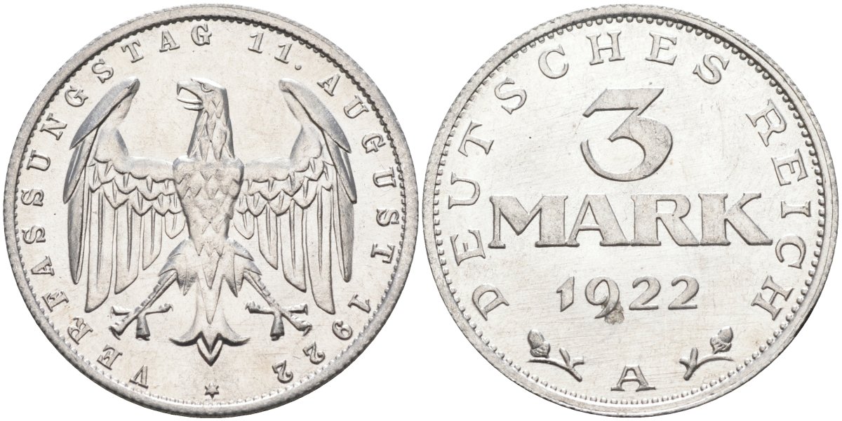 Германия 3 марки 1922 A, третья годовщина Веймарской Конституции KM 29, J.303 алюминий UNC 4587-242