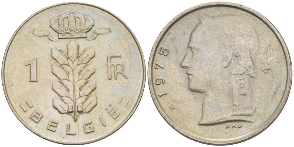 Бельгия 1 франк 1975 Belgie, Бодуэн I (1951-1993) KM 143.1 медно-никель3856-422