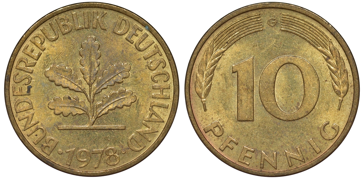 ФРГ 10 пфеннигов 1978 G KM 108, J. 383 сталь плакированная латунью 62-232