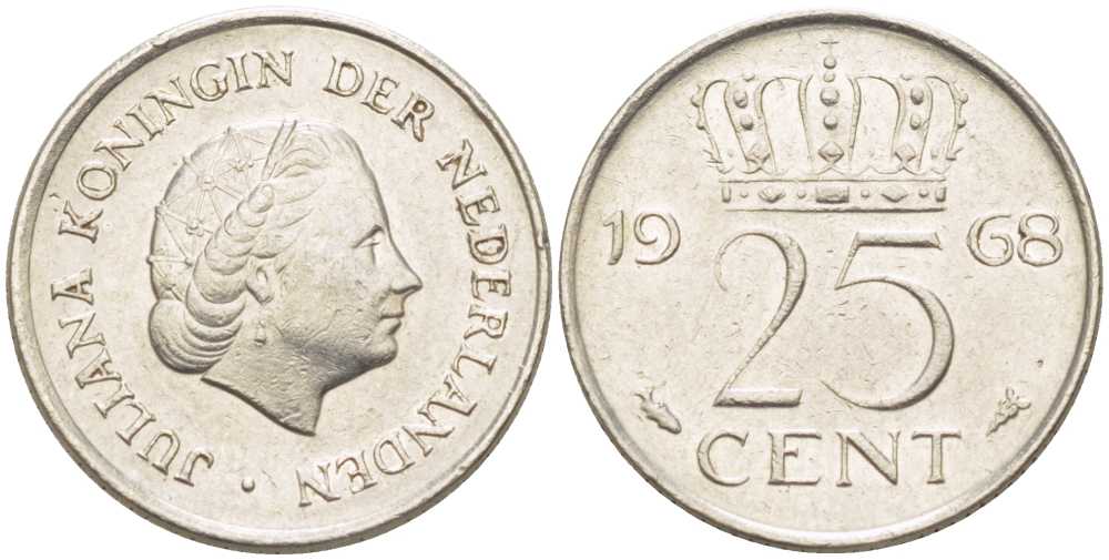НИДЕРЛАНДЫ 25 ЦЕНТОВ 1968 ЮЛИАНА (1948-1980) KM 183 никель 214-951