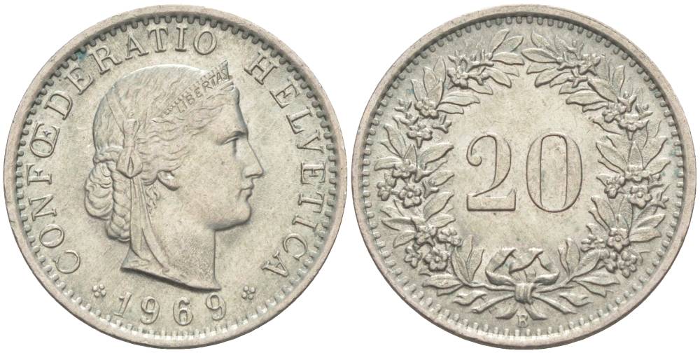 Швейцария 20 раппенов 1969 В KM 29а медно-никель 55-856