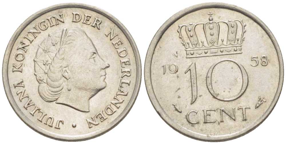 НИДЕРЛАНДЫ 10 ЦЕНТОВ 1958 ЮЛИАНА KM 182 никель 66-817