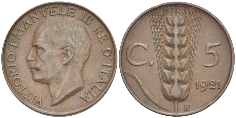 ИТАЛИЯ 5 ЧЕНТЕЗИМО 1921 R, МОНДВОР РИМ, ВИКТОР ЭММАНУИЛ III (1900-1946) KM 59 медь 4525-136