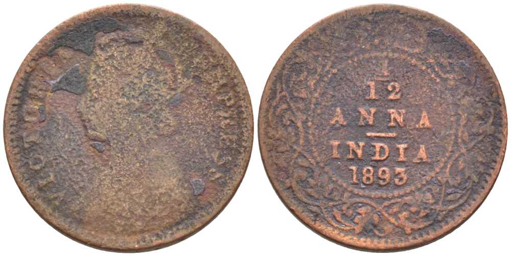 ИНДИЯ БРИТАНСКАЯ 1/12 АННА 1893 КОРОЛЕВА ВИКТОРИЯ, ИМПЕРСКАЯ ЧЕКАНКА KM 483 медь 116-922