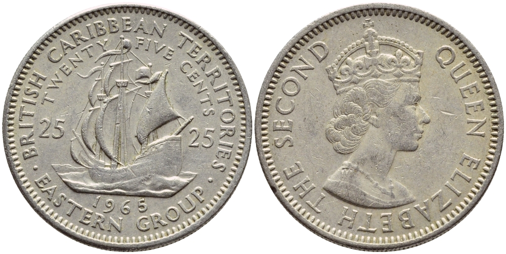 Британские Восточно-Карибские территории 25 центов 1965 Елизавета II (1952-2022), парусник KM 6 медно-никель 73-1847
