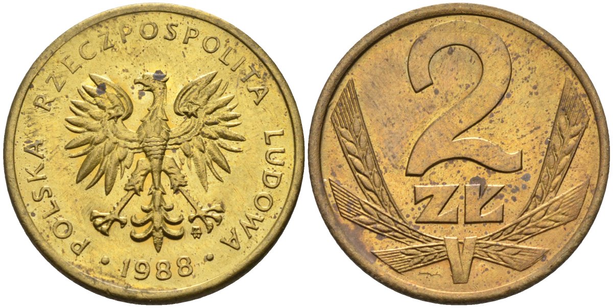 Польша 2 злотых 1988 MW KM 80.2, Parchimowicz 218c латунь UNC 4580-762