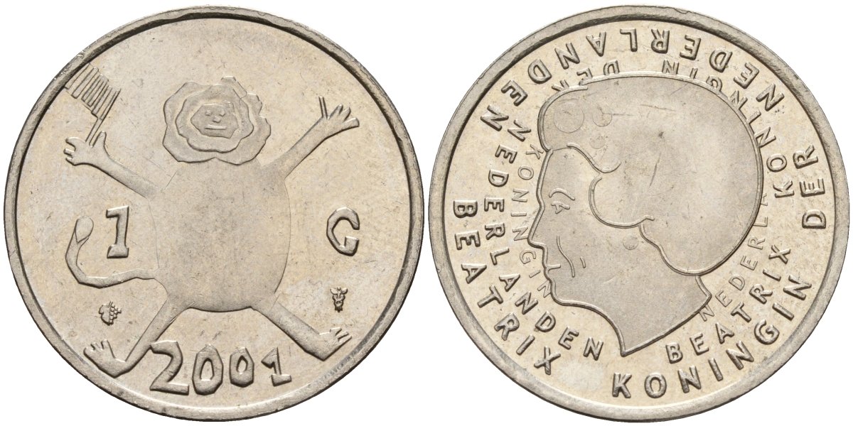 Нидерланды 1 гульден 2001 прощай гульден, детский рисунок, лев с флагом в руках KM 233 никель 4141-142